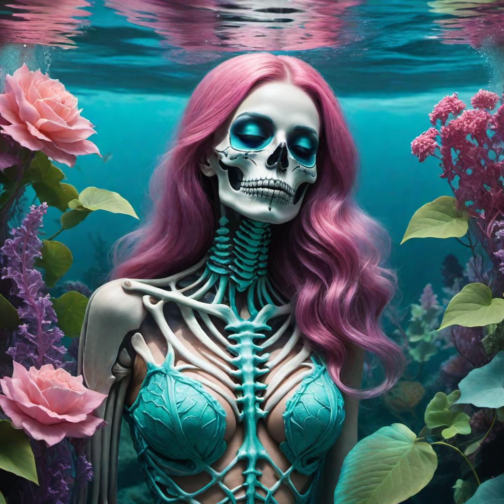  A painting on canvas with colors turquoise, pink, and purple featuring a skeleton mermaid entwined with pink ivy underwater. hyperrealistic, full body, detailed clothing, highly detailed, cinematic lighting, stunningly beautiful, intricate, sharp focus, f/1. 8, 85mm, (centered image composition), (professionally color graded), ((bright soft diffused light)), volumetric fog, trending on instagram, trending on tumblr, HDR 4K, 8K