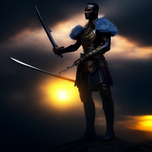  A Young African warrior in a middle of a battle with sword in dust on sunset hyperrealistic, full body, detailed clothing, highly detailed, cinematic lighting, stunningly beautiful, intricate, sharp focus, f/1. 8, 85mm, (centered image composition), (professionally color graded), ((bright soft diffused light)), volumetric fog, trending on instagram, trending on tumblr, HDR 4K, 8K