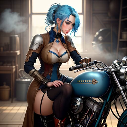  This is a very beautiful young with blue hair, fixing a whimsical motorcycle in her workshop, styled steampunk. hyperrealistic, full body, detailed clothing, highly detailed, cinematic lighting, stunningly beautiful, intricate, sharp focus, f/1. 8, 85mm, (centered image composition), (professionally color graded), ((bright soft diffused light)), volumetric fog, trending on instagram, trending on tumblr, HDR 4K, 8K