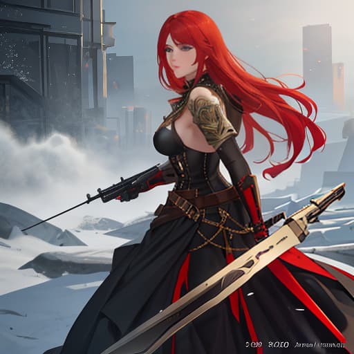  A girl with red hair and blue eyes with a submachine gun hyperrealistic, full body, detailed clothing, highly detailed, cinematic lighting, stunningly beautiful, intricate, sharp focus, f/1. 8, 85mm, (centered image composition), (professionally color graded), ((bright soft diffused light)), volumetric fog, trending on instagram, trending on tumblr, HDR 4K, 8K