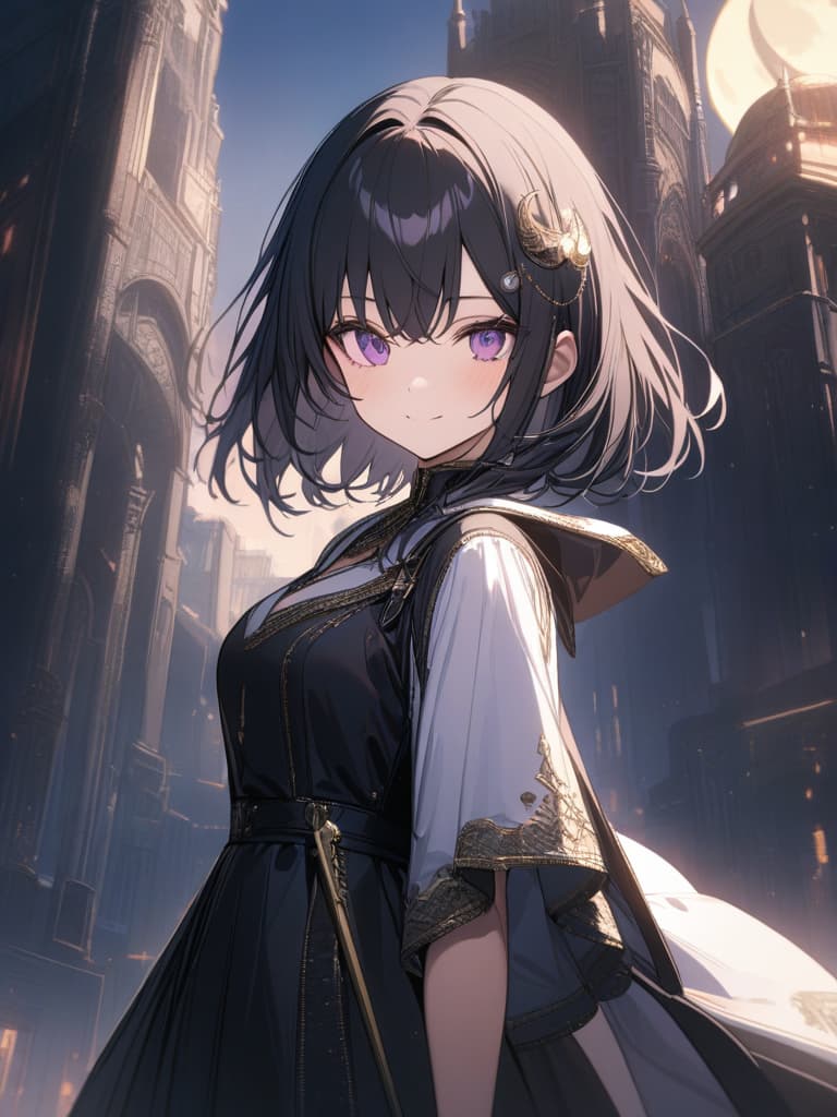  Holy sword,golden sword,burning city,smile,sword raised,golden light,Excalibur,cool girl,Black hair,(purple eyes),short,cropped hair,crescent moon hair ornament, masterpiece, best quality,8k,ultra detailed,high resolution,an extremely delicate and beautiful,hyper detail