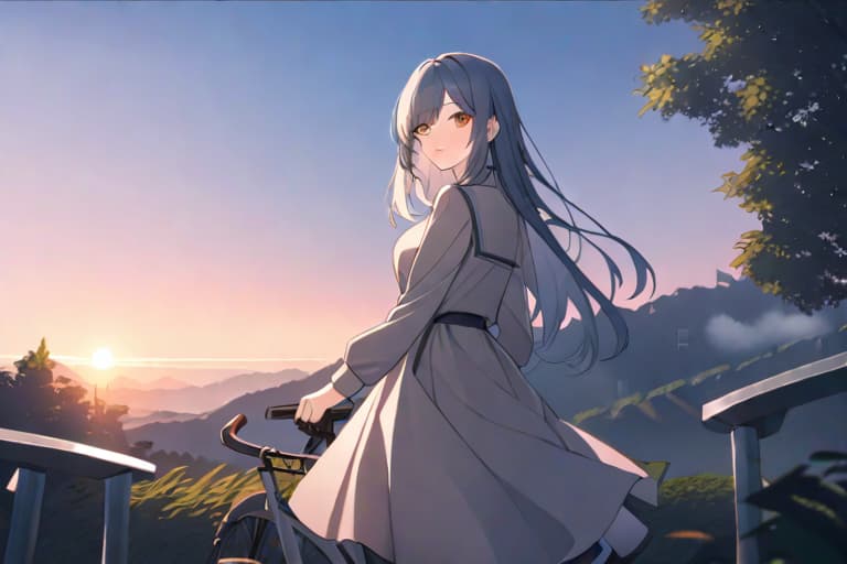  At dusk, a pretty high is rushing home on her bicycle. The setting sun shines warmly on her back, casting a long shadow on the road. She pedals rhythmically, her uniform fluttering and her hair blowing in the wind. Her expression is joyful as she chats with her friends on her way home, making for a heartwarming scene. In the background, the silhouettes of the city&#39;s buildings and trees stand out against the crimson sky. It&#39;s a calm, heartwarming scene at dusk. hyperrealistic, full body, detailed clothing, highly detailed, cinematic lighting, stunningly beautiful, intricate, sharp focus, f/1. 8, 85mm, (centered image composition), (professionally color graded), ((bright soft diffused light)), volumetric fog, trending on instagram, trending on tumblr, HDR 4K, 8K