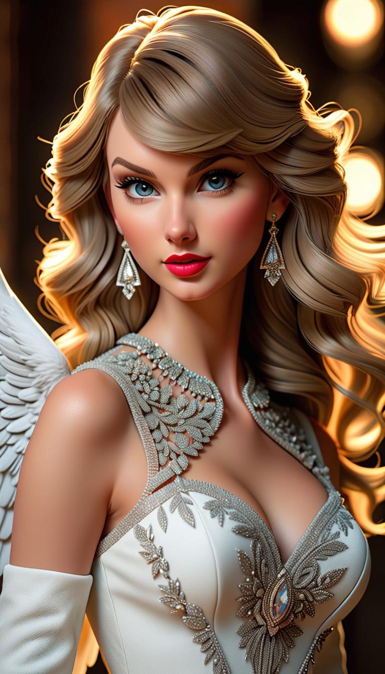  Professional 3D model of Taylor Swift as an angel . Rendered with Octane, the model is highly detailed,dramatic lighting. hyperrealistic, full body, detailed clothing, highly detailed, cinematic lighting, stunningly beautiful, intricate, sharp focus, f/1. 8, 85mm, (centered image composition), (professionally color graded), ((bright soft diffused light)), volumetric fog, trending on instagram, trending on tumblr, HDR 4K, 8K