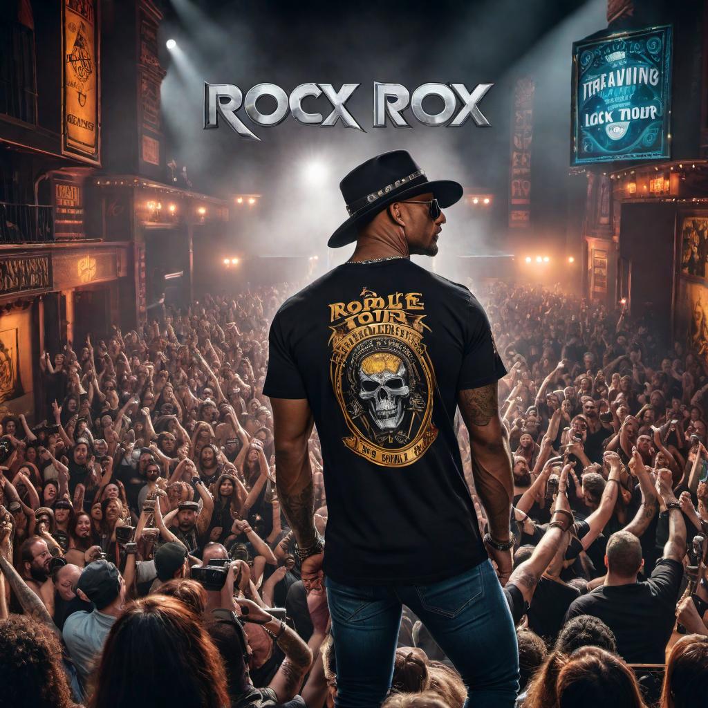  Create a concert t-shirt design for a rock band named Broadway Roxx with the tour name 'The Rock and Role Play Tour'. The t-shirt should have a dramatic, theatrical rock theme. Include bold text, rock imagery like electric guitars, stage lights, and possibly theatrical masks. Use a dark background with vibrant colors for the design elements. hyperrealistic, full body, detailed clothing, highly detailed, cinematic lighting, stunningly beautiful, intricate, sharp focus, f/1. 8, 85mm, (centered image composition), (professionally color graded), ((bright soft diffused light)), volumetric fog, trending on instagram, trending on tumblr, HDR 4K, 8K