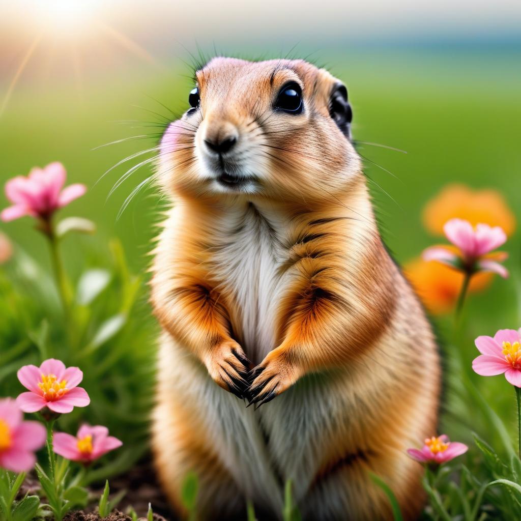  funny cute prairie dog, green grass, small orange and pink flowers, sunny day, photography hyperrealistic, full body, detailed clothing, highly detailed, cinematic lighting, stunningly beautiful, intricate, sharp focus, f/1. 8, 85mm, (centered image composition), (professionally color graded), ((bright soft diffused light)), volumetric fog, trending on instagram, trending on tumblr, HDR 4K, 8K