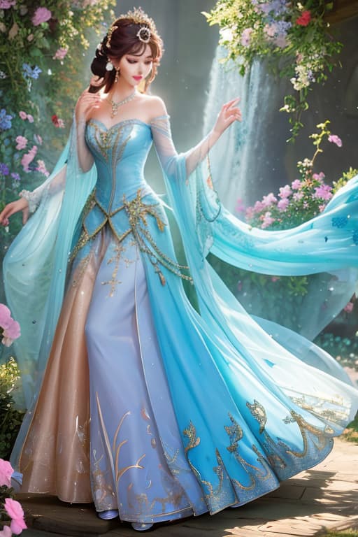  Create an illustration of a Disney princess. The background should feature a magical, dreamy kingdom, and the character should wear a glamorous dress with sparkling accessories. Capture the elegance and beauty typical of a Disney princess hyperrealistic, full body, detailed clothing, highly detailed, cinematic lighting, stunningly beautiful, intricate, sharp focus, f/1. 8, 85mm, (centered image composition), (professionally color graded), ((bright soft diffused light)), volumetric fog, trending on instagram, trending on tumblr, HDR 4K, 8K