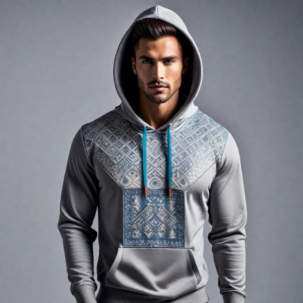  A realistic visualization of a hoodie featuring the given tiled background image on the front, with the logo 'We Kut Different' going down the length of both sleeves. The hoodie should be modern and stylish, appealing to a young, fashionable audience. Use a bold, eye-catching color scheme with high contrast. The drawstrings of the hoodie should be of different colors. hyperrealistic, full body, detailed clothing, highly detailed, cinematic lighting, stunningly beautiful, intricate, sharp focus, f/1. 8, 85mm, (centered image composition), (professionally color graded), ((bright soft diffused light)), volumetric fog, trending on instagram, trending on tumblr, HDR 4K, 8K