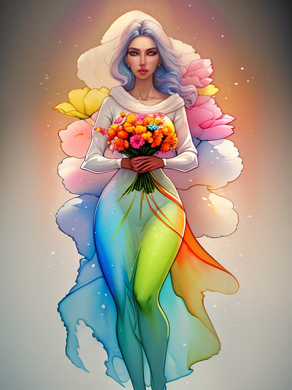  Nesnayka is carrying a seven colored flower., (Watercolor painting) soft colors ,fluid strokes ,transparent layers hyperrealistic, full body, detailed clothing, highly detailed, cinematic lighting, stunningly beautiful, intricate, sharp focus, f/1. 8, 85mm, (centered image composition), (professionally color graded), ((bright soft diffused light)), volumetric fog, trending on instagram, trending on tumblr, HDR 4K, 8K