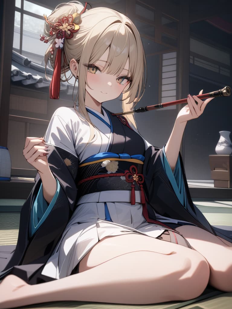  ultra detailed:1.2masterpiece:1.2,best quality,masterpiece,bestquality,hdr:1.1,8k:1.1,very cute girl:1.3,(Japanese smoke pipe:1.7),(holding,Japanese smoke pipe:1.5)blonde hair:1.3,kimono:1.3,sitting wariza:1.5, masterpiece, best quality,8k,ultra detailed,high resolution,an extremely delicate and beautiful,hyper detail