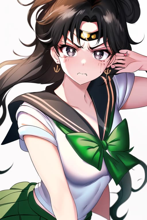  black hair,black eyes,150cm,wears a white man shirt,women,woman,cute and angry face,(sailor jupiter:1.3), (masterpiece), (highest quality), (intricate), (high detail),women, masterpiece, best quality, high quality, solo