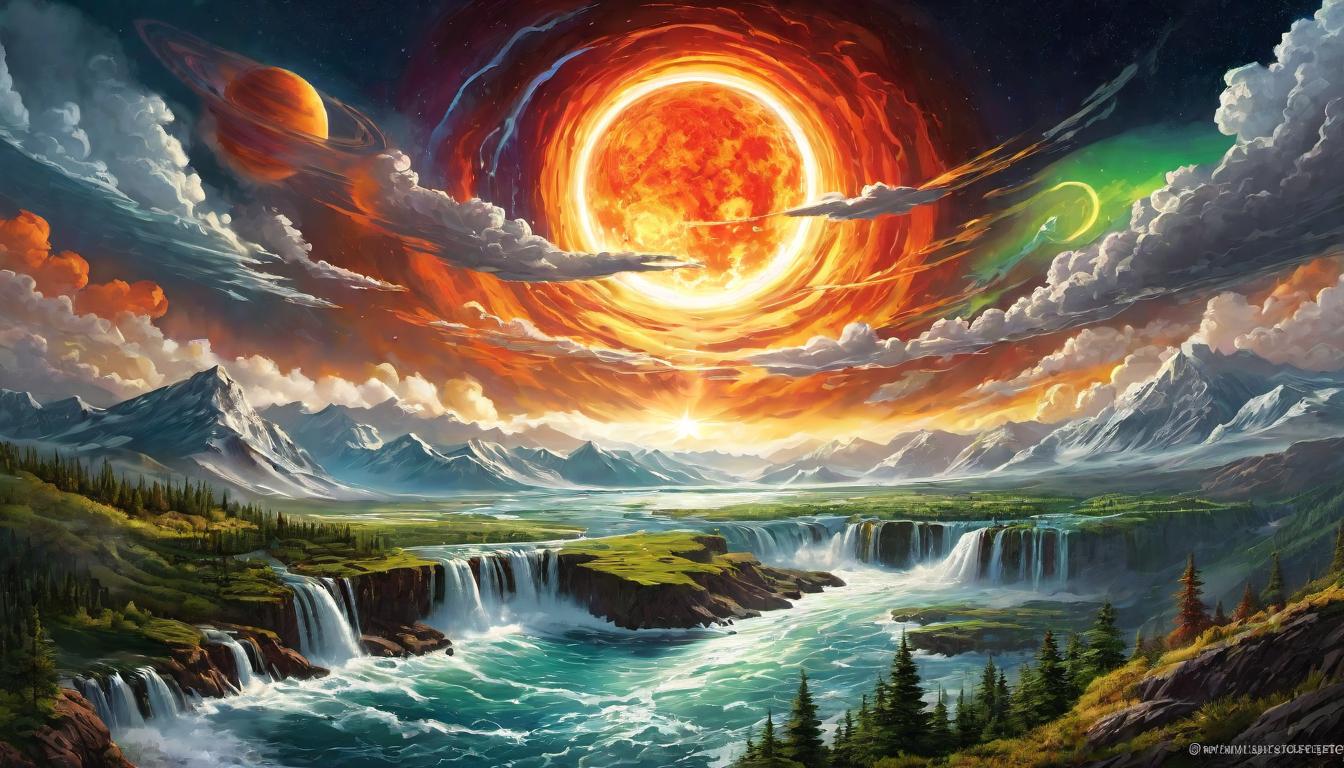  digital illustration comparison of geomagnetic storm to physical weather elements, swirling winds, cold fronts, heat waves, and dampness, invading Earth's serene atmosphere looking at viewer, dynamic pose, (intricate details, masterpiece, best quality)