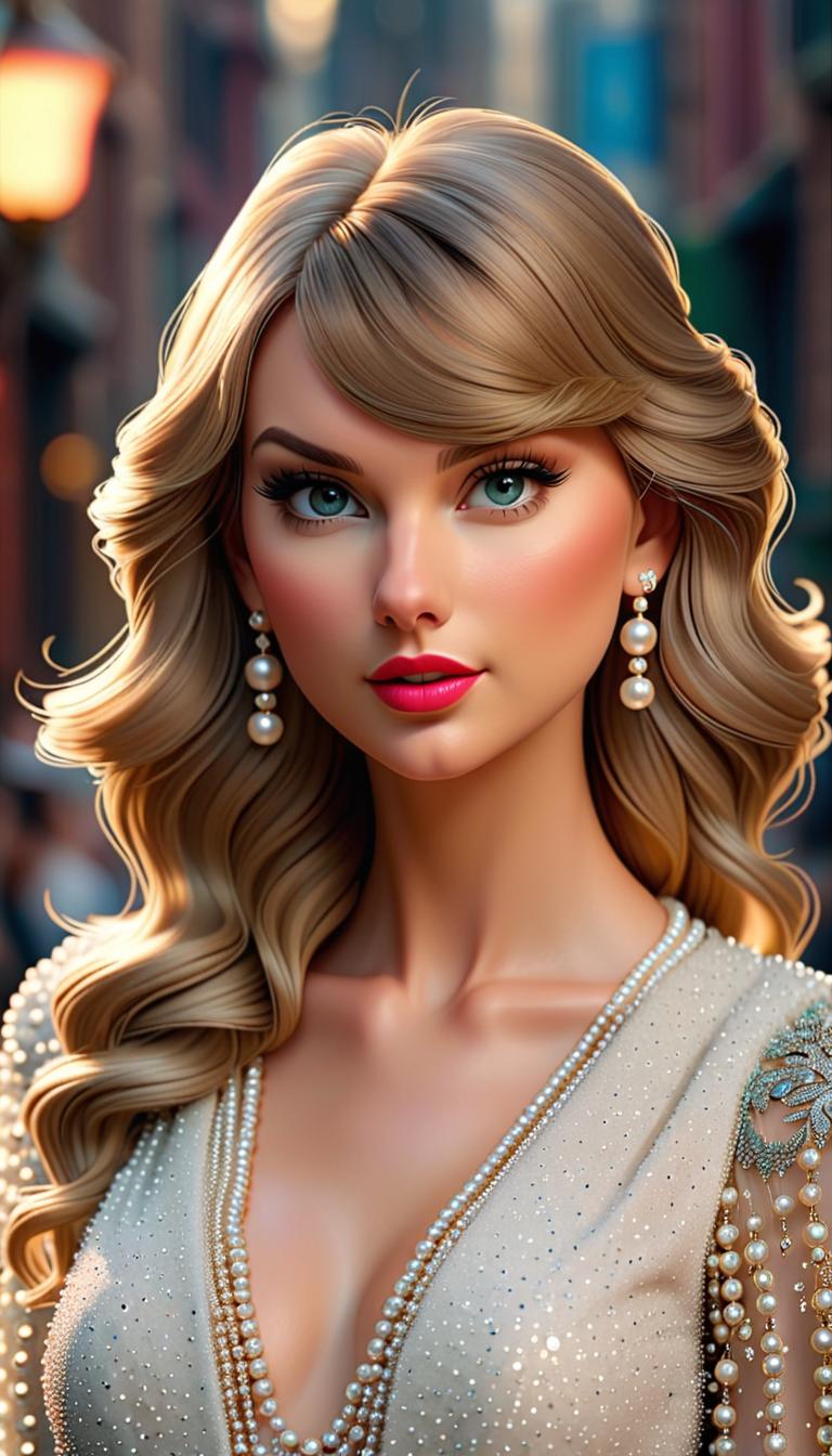  Professional 3D model of Taylor Swift wearing pearls . Rendered with Octane, the model is highly detailed,dramatic lighting. hyperrealistic, full body, detailed clothing, highly detailed, cinematic lighting, stunningly beautiful, intricate, sharp focus, f/1. 8, 85mm, (centered image composition), (professionally color graded), ((bright soft diffused light)), volumetric fog, trending on instagram, trending on tumblr, HDR 4K, 8K