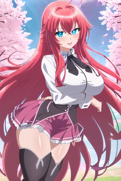  cute fox women with long pink hair pink leather jacket with boots and high waisted shorts in summer with sakura blooms,masterpiece, best quality, 1women, long red hair, looking at viewer, :3, cute, black school uniform, outdoors, streets, cowboy shot, curvy, (((blue eyes))), rias gremory, red hair, antenna hair, wavy hair, ((beautiful detailed eyes, beautiful detailed glow, lots of glow)), anime screencap