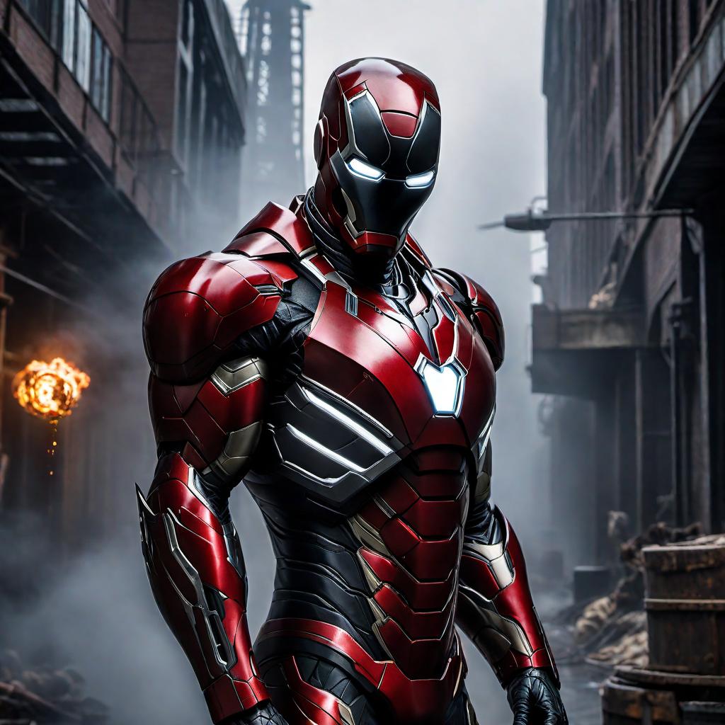  A fusion of Iron Man and Venom, combining their iconic elements such as Iron Man's armored suit with Venom's symbiote features, creating a powerful and menacing appearance. The setting is an industrial, dark environment that enhances the dramatic and intense atmosphere. hyperrealistic, full body, detailed clothing, highly detailed, cinematic lighting, stunningly beautiful, intricate, sharp focus, f/1. 8, 85mm, (centered image composition), (professionally color graded), ((bright soft diffused light)), volumetric fog, trending on instagram, trending on tumblr, HDR 4K, 8K