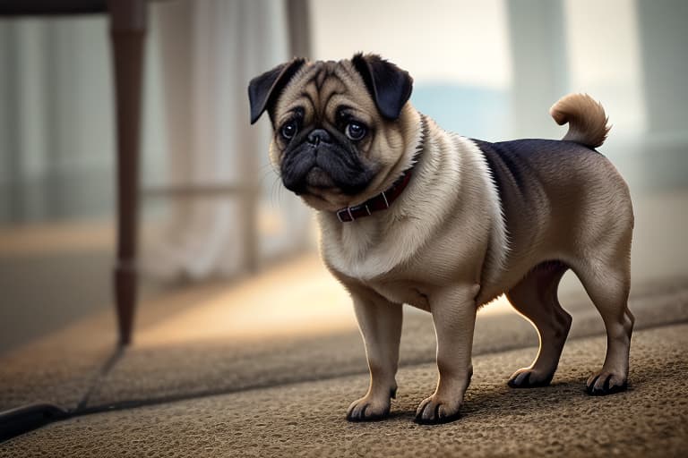  Cute Pug hyperrealistic, full body, detailed clothing, highly detailed, cinematic lighting, stunningly beautiful, intricate, sharp focus, f/1. 8, 85mm, (centered image composition), (professionally color graded), ((bright soft diffused light)), volumetric fog, trending on instagram, trending on tumblr, HDR 4K, 8K
