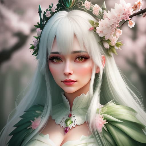  A queen of the forest with white hair in a dress of tender green and pink tones, with a crown against the background of cherry blossoms. hyperrealistic, full body, detailed clothing, highly detailed, cinematic lighting, stunningly beautiful, intricate, sharp focus, f/1. 8, 85mm, (centered image composition), (professionally color graded), ((bright soft diffused light)), volumetric fog, trending on instagram, trending on tumblr, HDR 4K, 8K