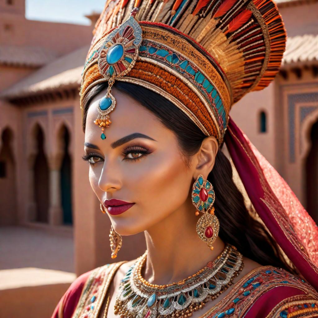  A traditional Queen from southern Morocco, adorned in cultural attire with vibrant, colorful fabrics featuring intricate patterns and ornaments. She wears an elaborate headdress with traditional Moroccan designs, decorated with gemstones and possibly feathers. The backdrop includes elements of southern Moroccan architecture and landscapes, such as adobe buildings, desert scenery, or local flora. hyperrealistic, full body, detailed clothing, highly detailed, cinematic lighting, stunningly beautiful, intricate, sharp focus, f/1. 8, 85mm, (centered image composition), (professionally color graded), ((bright soft diffused light)), volumetric fog, trending on instagram, trending on tumblr, HDR 4K, 8K