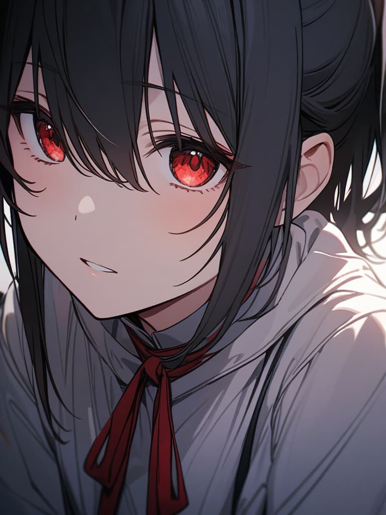  Blind, black hair, red eyes, half ponytail, red ribbon, masterpiece, best quality,8k,ultra detailed,high resolution,an extremely delicate and beautiful,hyper detail