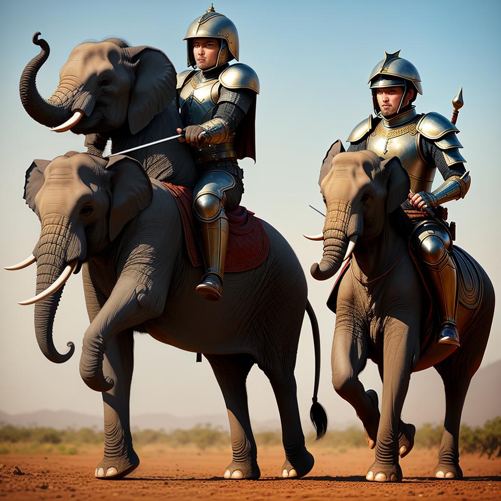  baby elephant in armour and a sword riding a horse in a battle field