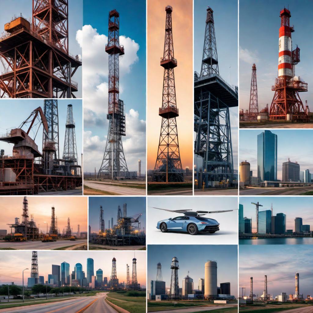  A dynamic collage representing Texas's rapid economic growth in the 1990s. The collage includes images of oil rigs, technology symbols (like microchips and computers), manufacturing scenes, and skylines of major Texas cities like Houston, Dallas, and Austin. Highlight the business-friendly climate with symbols of business growth such as graphs and charts. Incorporate an element of education and infrastructure, like schools or highways, to show the investment in these areas. hyperrealistic, full body, detailed clothing, highly detailed, cinematic lighting, stunningly beautiful, intricate, sharp focus, f/1. 8, 85mm, (centered image composition), (professionally color graded), ((bright soft diffused light)), volumetric fog, trending on instagram, trending on tumblr, HDR 4K, 8K