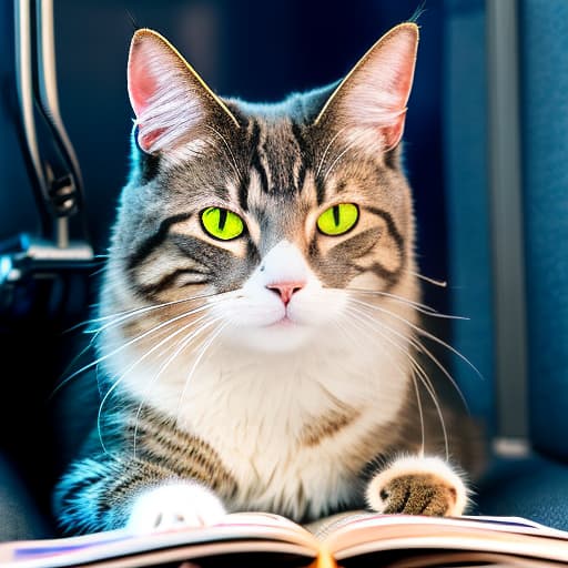 nvinkpunk Realistic image of a cat wearing headphones and reading glasses while riding a bus., fantasy hyperrealistic, full body, detailed clothing, highly detailed, cinematic lighting, stunningly beautiful, intricate, sharp focus, f/1. 8, 85mm, (centered image composition), (professionally color graded), ((bright soft diffused light)), volumetric fog, trending on instagram, trending on tumblr, HDR 4K, 8K