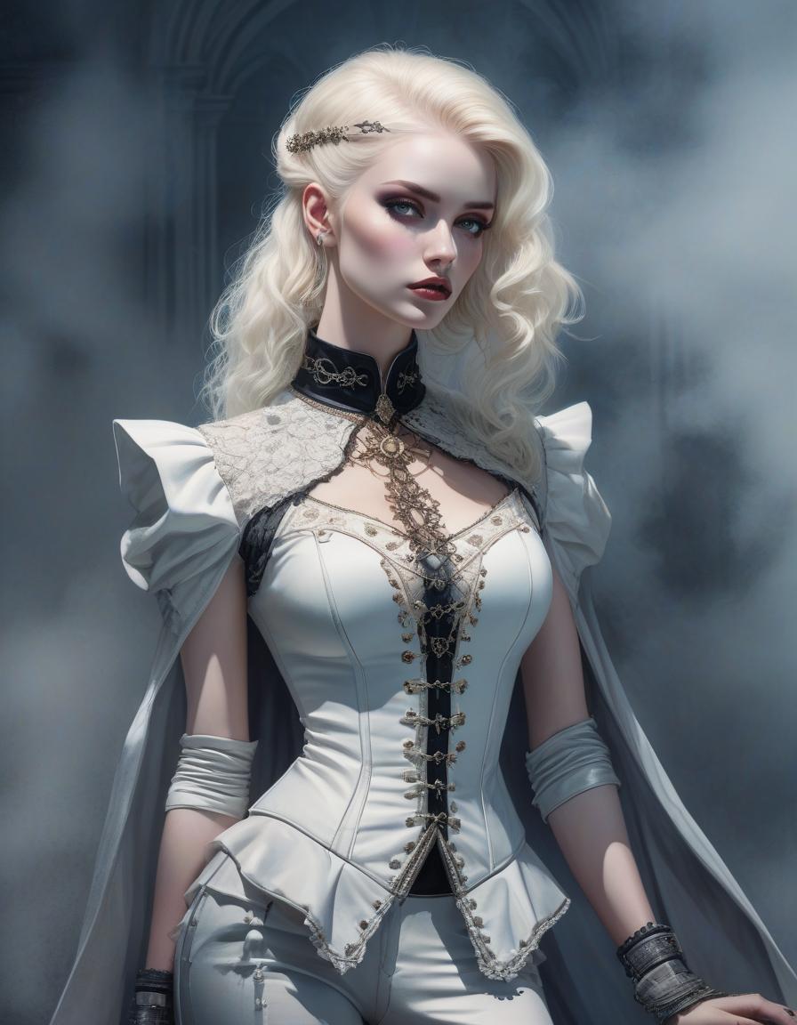  surrealist art Gothic fashion, a beautiful gothic with white blonde hair, freckles, full body view, pop costume, detailed watercolor and ink, victorian punk, pop goth culture, gothic background, backglow, contrasted lighting, dynamic pose, fashion magazine, art by ashley wood, by thomas blackshear, by natalie shau, by daniel f gerhart . dreamlike, mysterious, provocative, symbolic, intricate, detailed hyperrealistic, full body, detailed clothing, highly detailed, cinematic lighting, stunningly beautiful, intricate, sharp focus, f/1. 8, 85mm, (centered image composition), (professionally color graded), ((bright soft diffused light)), volumetric fog, trending on instagram, trending on tumblr, HDR 4K, 8K