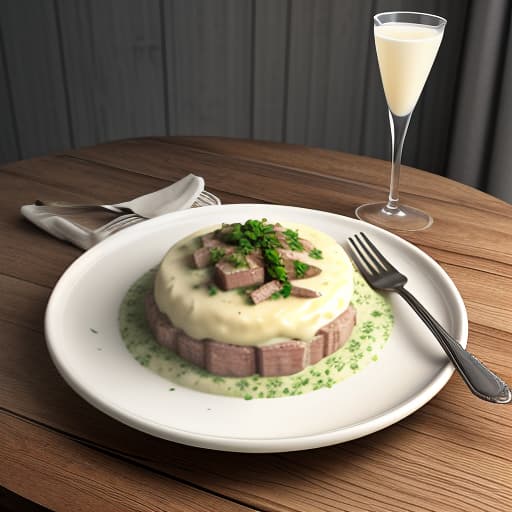  A photorealistic image of a plate of pork liver in cream sauce served on a dining table. The liver pieces are tender and covered in a rich, creamy sauce, with sautéed onions and carrots visible in the dish. The plate is garnished with fresh parsley. The background includes a wooden table setting with a fork, knife, and a linen napkin, and a small side dish of mashed potatoes. The lighting is natural, highlighting the textures and colors of the food. The overall scene is warm and inviting, suitable for a cozy home cooked meal. hyperrealistic, full body, detailed clothing, highly detailed, cinematic lighting, stunningly beautiful, intricate, sharp focus, f/1. 8, 85mm, (centered image composition), (professionally color graded), ((bright soft diffused light)), volumetric fog, trending on instagram, trending on tumblr, HDR 4K, 8K