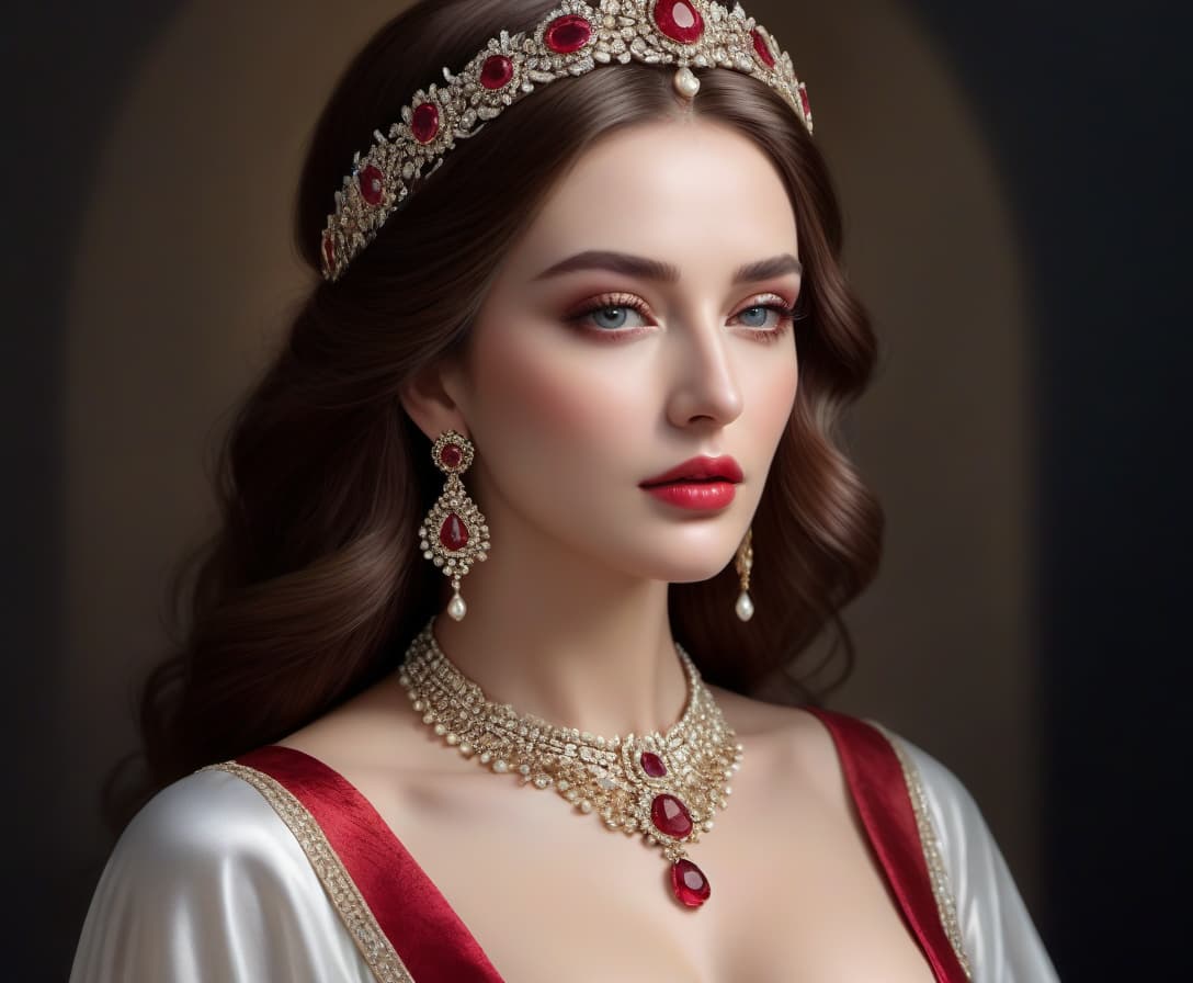  hyperrealistic art Picture painted ,portrait of a wonderfully beautiful woman with a beautiful face, neatly arranged hair, diadem on the head with precious stones, ruby ​​necklace around the neck, voluminous bust, round, high chest, white skin, luxurious, ancient dress, beautiful, medieval setting, perfectly drawn face, perfect detailing of the image, attention to details, maximum clarity of the image, professional, realistic drawing with paints, in the best traditions of painting, masterpiece, work of art. . extremely high resolution details, photographic, realism pushed to extreme, fine texture, incredibly lifelike hyperrealistic, full body, detailed clothing, highly detailed, cinematic lighting, stunningly beautiful, intricate, sharp focus, f/1. 8, 85mm, (centered image composition), (professionally color graded), ((bright soft diffused light)), volumetric fog, trending on instagram, trending on tumblr, HDR 4K, 8K