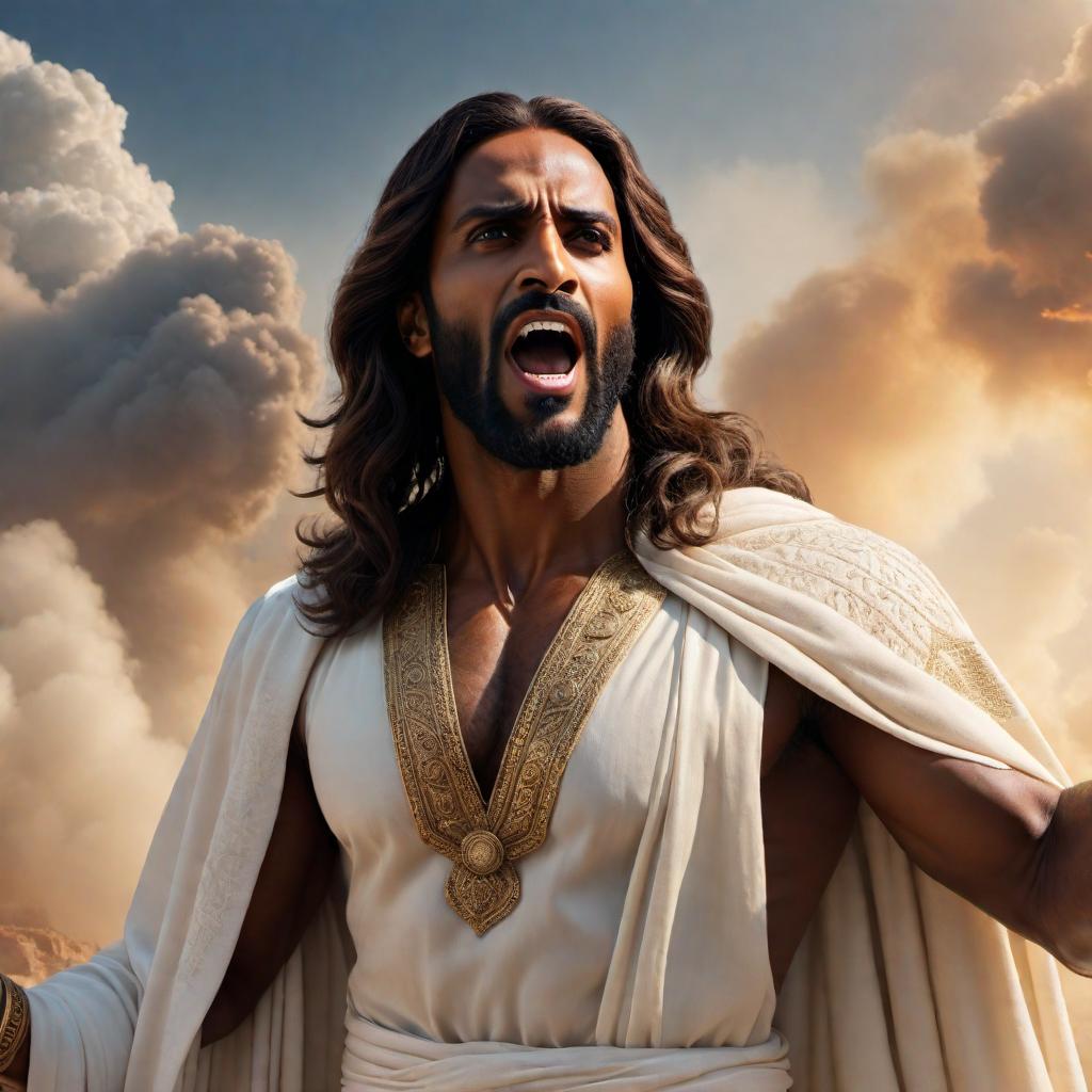  Middle Eastern darker-skinned Jesus standing in heaven, very angry and shouting, pointing a finger at the viewer. hyperrealistic, full body, detailed clothing, highly detailed, cinematic lighting, stunningly beautiful, intricate, sharp focus, f/1. 8, 85mm, (centered image composition), (professionally color graded), ((bright soft diffused light)), volumetric fog, trending on instagram, trending on tumblr, HDR 4K, 8K