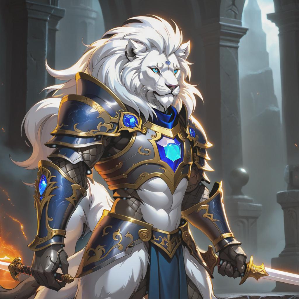  gothic style Werewolf. White lion. Has a thick white mane. The left eye has a scar obtained during the training of fencing. The left eye also differs from the right, having an orange hue, indicating that there is a natural fire power stored there. Despite the scars and cuts, he has a groomed appearance. Armed with a black sword made of meteorite stone and a bronze plate armor imprinted with the relief of his body, as well as a blue gem mineral of unknown origin embedded in the armor. Muscular body, mesomorph. . dark, mysterious, haunting, dramatic, ornate, detailed, hkmagic hyperrealistic, full body, detailed clothing, highly detailed, cinematic lighting, stunningly beautiful, intricate, sharp focus, f/1. 8, 85mm, (centered image composition), (professionally color graded), ((bright soft diffused light)), volumetric fog, trending on instagram, trending on tumblr, HDR 4K, 8K