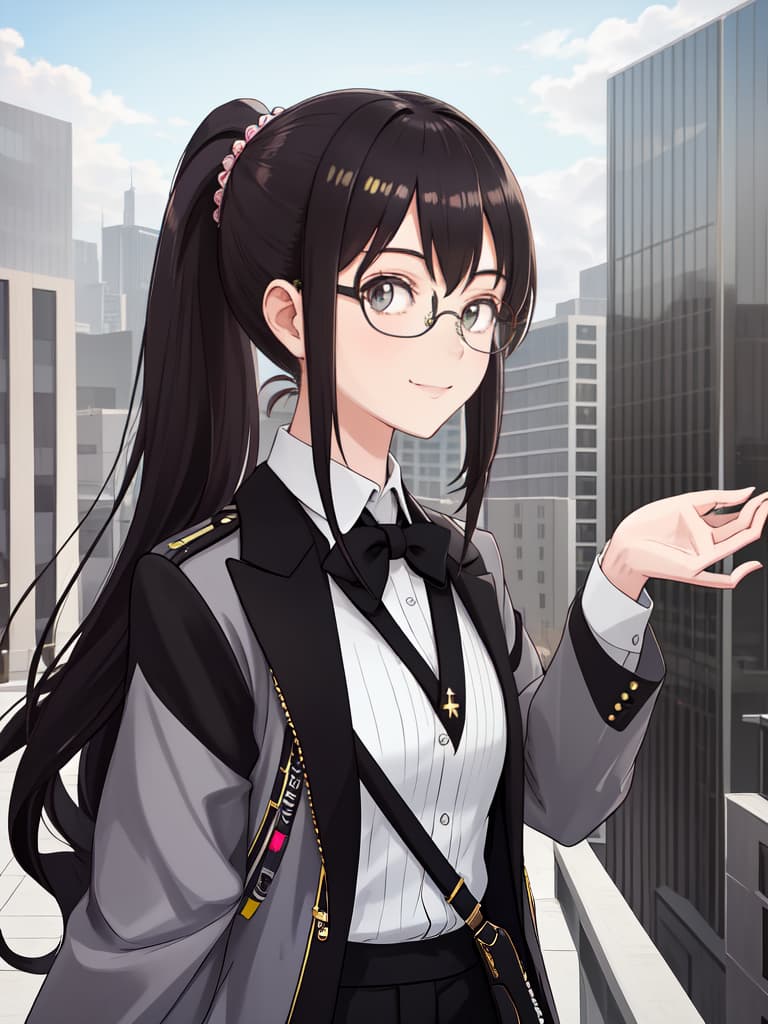  Stylish glasses girls, modern coordinates, ponytails, margin smile, city, handback, masterpiece, best quality,8k,ultra detailed,high resolution,an extremely delicate and beautiful,hyper detail