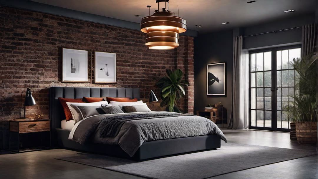  Create an image of an Industrial Chic bedroom. The central feature is an Industrial Bed Frame with a simple and sleek Industrial Headboard. The walls are painted in deep, moody hues with exposed brickwork and metal fixtures. Include stylish lighting solutions like vintage filament bulbs and metal pendant lights, along with cozy textiles to soften the overall look. The room should evoke a Modern Industrial Bedroom style that is both edgy and refined. hyperrealistic, full body, detailed clothing, highly detailed, cinematic lighting, stunningly beautiful, intricate, sharp focus, f/1. 8, 85mm, (centered image composition), (professionally color graded), ((bright soft diffused light)), volumetric fog, trending on instagram, trending on tumblr, HDR 4K, 8K