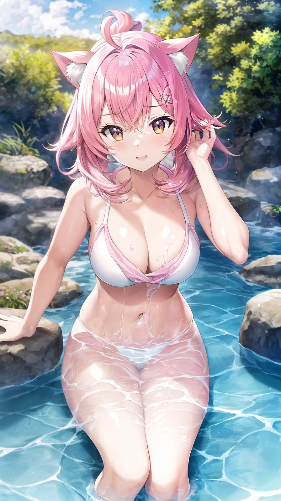  master piece , best quality,Cat ears, pink hair, big s, , beautiful , soaking in hot spring