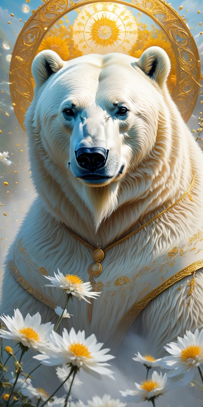  concept art Digital oil painting impasto. Gorgeous correct, realistic polar bear. Beautiful, majestic, mystical, epic appearance:: detailed white fur. Background:: surreal abstract with runic circle, thin vines, dandelion flowers, fantastic golden blossoms. Glowing signs and sparkling particles. Detailed detailing. Stylistics: fairy tale, dream, fantasy, modern. In the manner of Pino Daeni, Fragonard, Van Gogh. . digital artwork, illustrative, painterly, matte painting, highly detailed hyperrealistic, full body, detailed clothing, highly detailed, cinematic lighting, stunningly beautiful, intricate, sharp focus, f/1. 8, 85mm, (centered image composition), (professionally color graded), ((bright soft diffused light)), volumetric fog, trending on instagram, trending on tumblr, HDR 4K, 8K