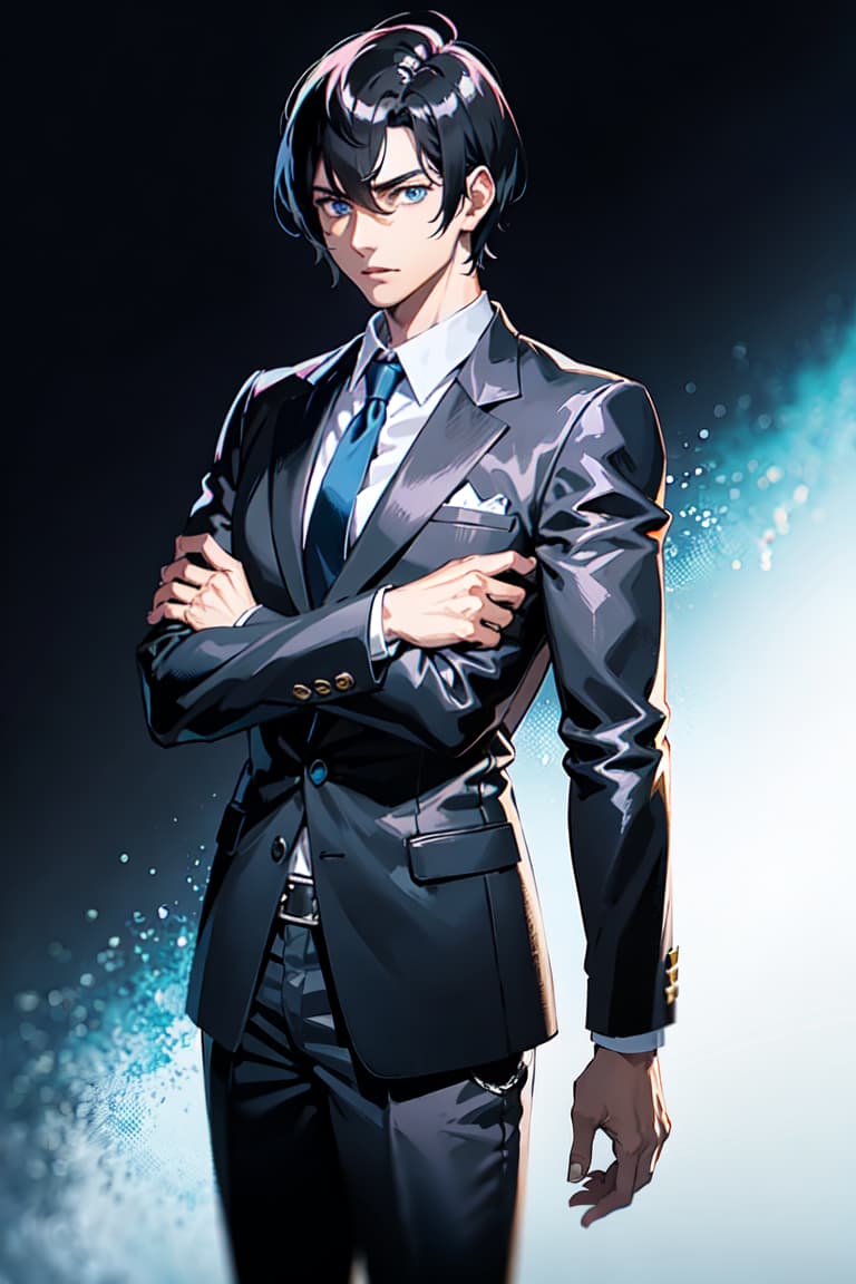  master piece , best quality,A young man with blue eyes, black hair and short hair in a neat suit with his arms folded.