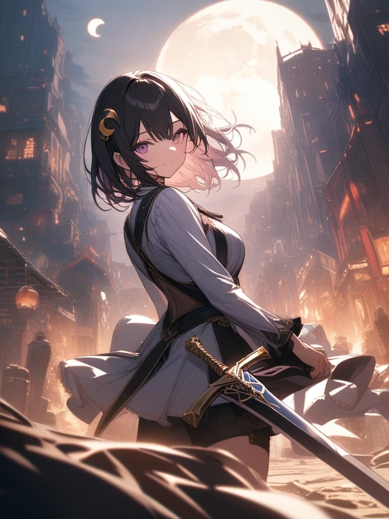  Holy sword,golden sword,burning city,smile,sword raised,golden light,Excalibur,cool girl,Black hair,(purple eyes),short,cropped hair,crescent moon hair ornament, masterpiece, best quality,8k,ultra detailed,high resolution,an extremely delicate and beautiful,hyper detail