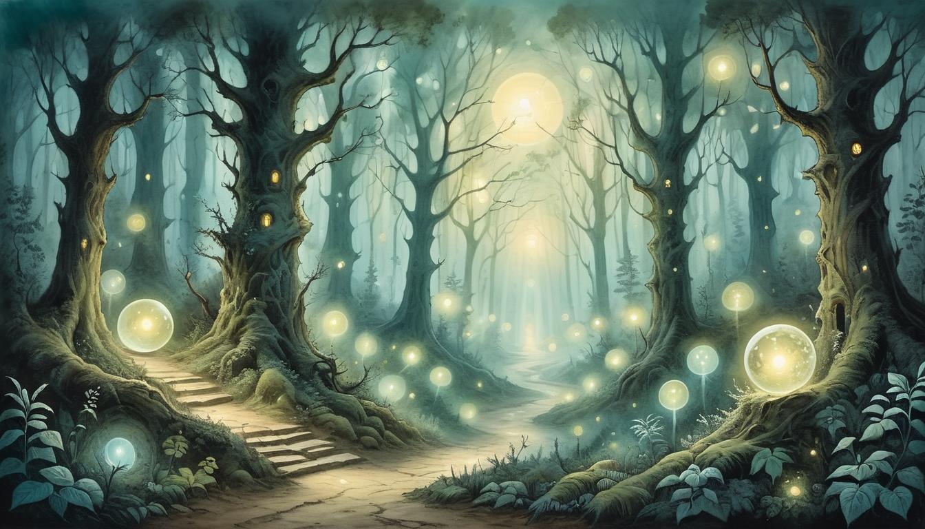  on parchment, surrealism+++, A path through a dense forest, light shining at the end, surrounded by ethereal wisps and glowing orbs, sense of hope and guidance(mysterious, provocative, symbolic,muted color)+++