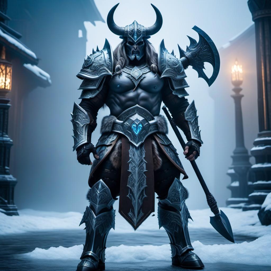  The Minotaur is a death knight with an axe in heavy armor with an icy aura hyperrealistic, full body, detailed clothing, highly detailed, cinematic lighting, stunningly beautiful, intricate, sharp focus, f/1. 8, 85mm, (centered image composition), (professionally color graded), ((bright soft diffused light)), volumetric fog, trending on instagram, trending on tumblr, HDR 4K, 8K