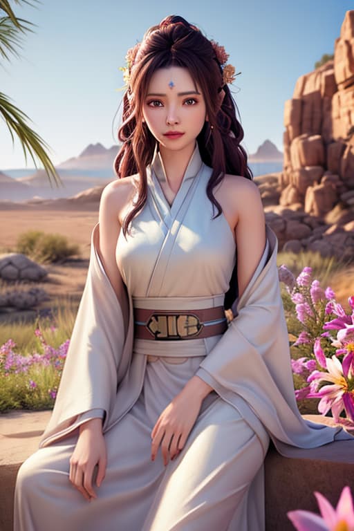  (Jedi meditation:1.3), serene photo,1girl, Jedi master in deep meditation, in jedioutfit, sitting cross legged, (desert oasis:1.1), surrounded by blooming desert flowers, harmonizing with the Force, spiritual retreat, transcendent tranquility, desert enlightenment, Absurdres, hdr, ultra detailed illustration, extremely detailed face, RAW photo, film grain, skin pores, trending on deviantart <lora:jedioutfit:1> <lora:epiNoiseoffset v2:1> hyperrealistic, full body, detailed clothing, highly detailed, cinematic lighting, stunningly beautiful, intricate, sharp focus, f/1. 8, 85mm, (centered image composition), (professionally color graded), ((bright soft diffused light)), volumetric fog, trending on instagram, trending on tumblr, HDR 4K, 8K