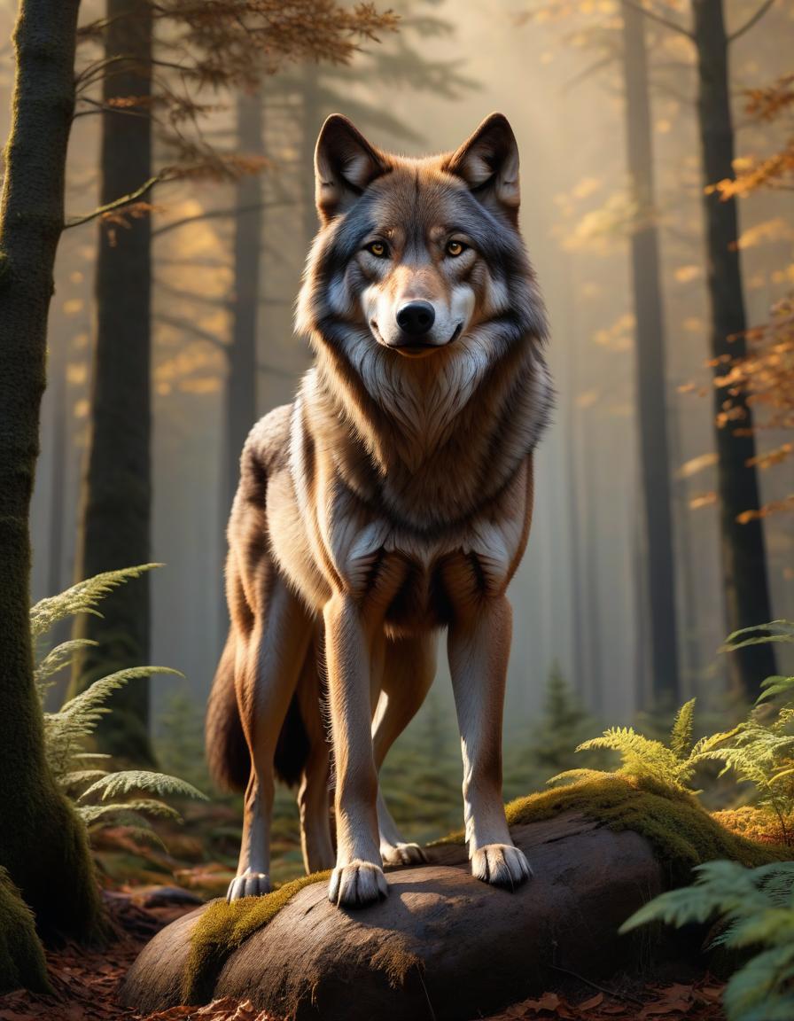  hyperrealistic art brown wolf, full grown, forest, fantasy, UHD . extremely high resolution details, photographic, realism pushed to extreme, fine texture, incredibly lifelike hyperrealistic, full body, detailed clothing, highly detailed, cinematic lighting, stunningly beautiful, intricate, sharp focus, f/1. 8, 85mm, (centered image composition), (professionally color graded), ((bright soft diffused light)), volumetric fog, trending on instagram, trending on tumblr, HDR 4K, 8K