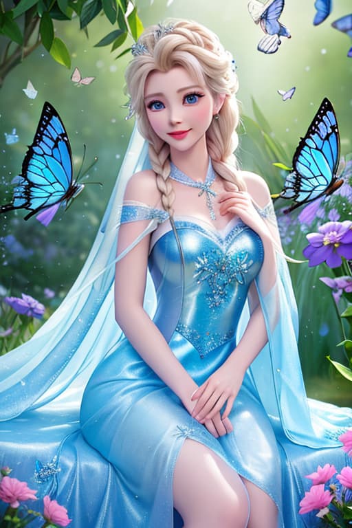  A highly detailed and realistic photo in the style of Disney, featuring a character resembling young Elsa. The image shows young Elsa wearing a sparkling blue dress, surrounded by glowing butterflies. She is sitting on a petal strewn ledge in a magical, dreamy environment. The scene is illuminated with soft, mystical light, creating an enchanting and whimsical atmosphere. Elsa's expression is filled with wonder and joy as she interacts with the butterflies. The background is softly blurred to keep the focus on Elsa and the butterflies. hyperrealistic, full body, detailed clothing, highly detailed, cinematic lighting, stunningly beautiful, intricate, sharp focus, f/1. 8, 85mm, (centered image composition), (professionally color graded), ((bright soft diffused light)), volumetric fog, trending on instagram, trending on tumblr, HDR 4K, 8K