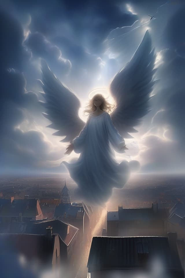  Dolished cityscape, creepy streets, cloudy sky, dark and thick clouds, sunlight through gaps in the clouds, angels in the sun, a flying angel, landscape painting