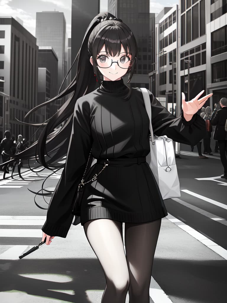  Stylish glasses girls, modern coordinates, ponytails, margin smile, city, handback, masterpiece, best quality,8k,ultra detailed,high resolution,an extremely delicate and beautiful,hyper detail