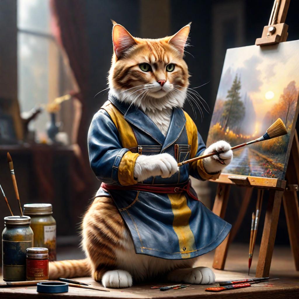  A painter cat is painting. hyperrealistic, full body, detailed clothing, highly detailed, cinematic lighting, stunningly beautiful, intricate, sharp focus, f/1. 8, 85mm, (centered image composition), (professionally color graded), ((bright soft diffused light)), volumetric fog, trending on instagram, trending on tumblr, HDR 4K, 8K