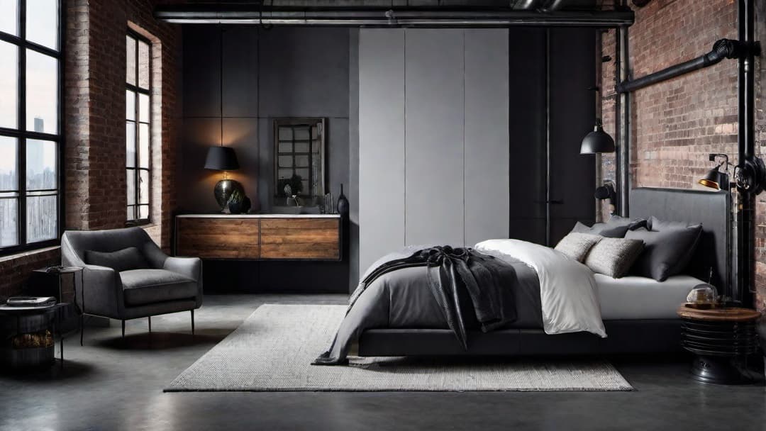  Generate an image of an urban industrial bedroom design with a focus on modern aesthetics and industrial elements. The key features should include a dark metal bed frame, a headboard made of reclaimed wood, and a color scheme of grey, black, and metallic tones. Incorporate decorative elements like exposed pipes, Edison bulb light fixtures, and a leather accent chair to enhance the industrial chic look. The overall atmosphere should convey a sense of stylish, edgy urban living for a modern industrial bedroom. hyperrealistic, full body, detailed clothing, highly detailed, cinematic lighting, stunningly beautiful, intricate, sharp focus, f/1. 8, 85mm, (centered image composition), (professionally color graded), ((bright soft diffused light)), volumetric fog, trending on instagram, trending on tumblr, HDR 4K, 8K