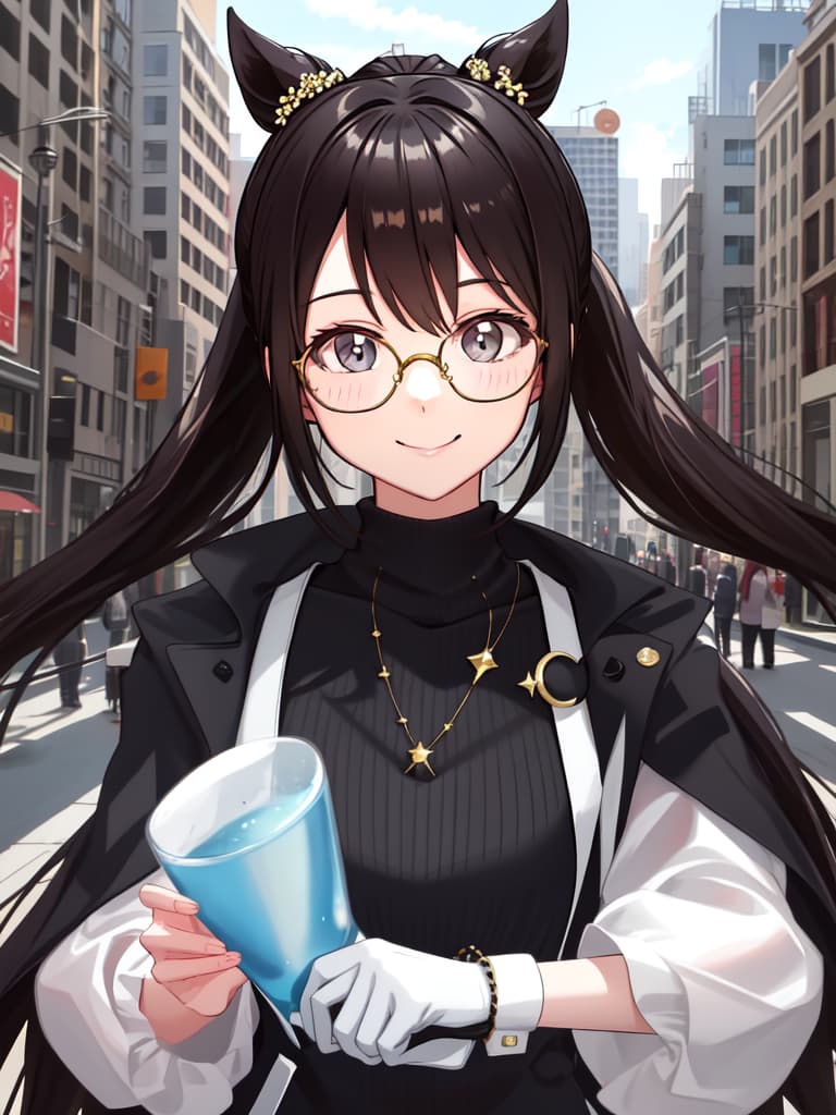  Stylish glasses girls, modern coordinates, ponytails, plenty of smile, city, masterpiece, best quality,8k,ultra detailed,high resolution,an extremely delicate and beautiful,hyper detail