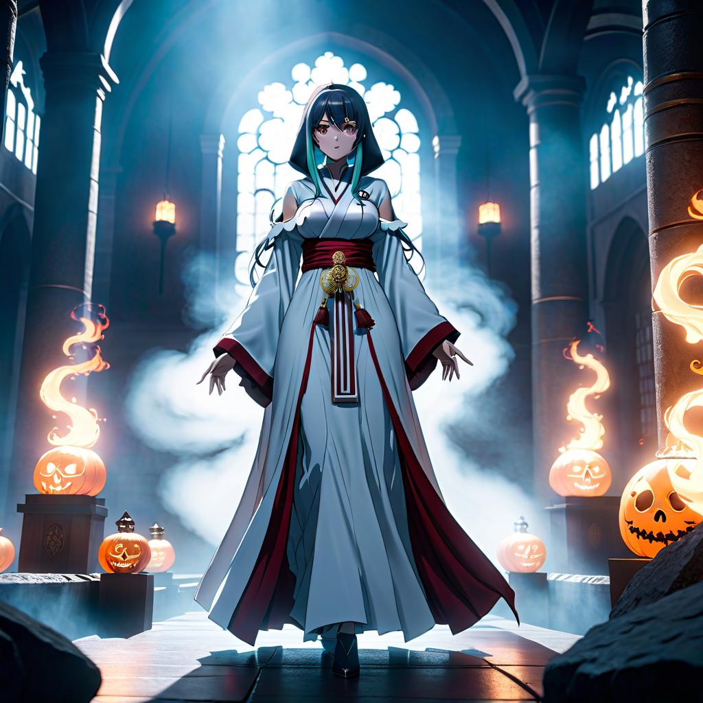  anime artwork anime girl in a ghostly robe commands the dead . anime style, key visual, vibrant, studio anime, highly detailed hyperrealistic, full body, detailed clothing, highly detailed, cinematic lighting, stunningly beautiful, intricate, sharp focus, f/1. 8, 85mm, (centered image composition), (professionally color graded), ((bright soft diffused light)), volumetric fog, trending on instagram, trending on tumblr, HDR 4K, 8K