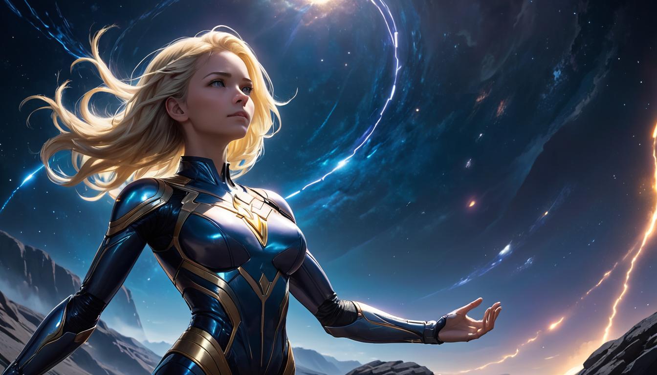  1girl, large busted attractive blonde arian female humanoid, meditative pose, reaching out, cosmic energy strings, starry background, high tech clothing clad in sleek, futuristic costume with metallic accents and form fitting designs, marvel superhero comics style, unreal engine rendering