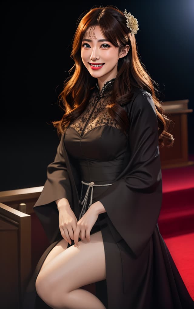  (RAW Capture: 1.2), 32K Quality, Masterpiece, Raw Image, Dramatic Lighting, Concert Stage, Gothic Lolita Fashion, (Photorealistic: 1.4), (Masterpiece: 1.3), (Best Picture Quality: 1.4), Beautiful and lovely Japanese woman, (((( actress Kasumi Arimura )))) ((((Big Smile)))) hyperrealistic, full body, detailed clothing, highly detailed, cinematic lighting, stunningly beautiful, intricate, sharp focus, f/1. 8, 85mm, (centered image composition), (professionally color graded), ((bright soft diffused light)), volumetric fog, trending on instagram, trending on tumblr, HDR 4K, 8K