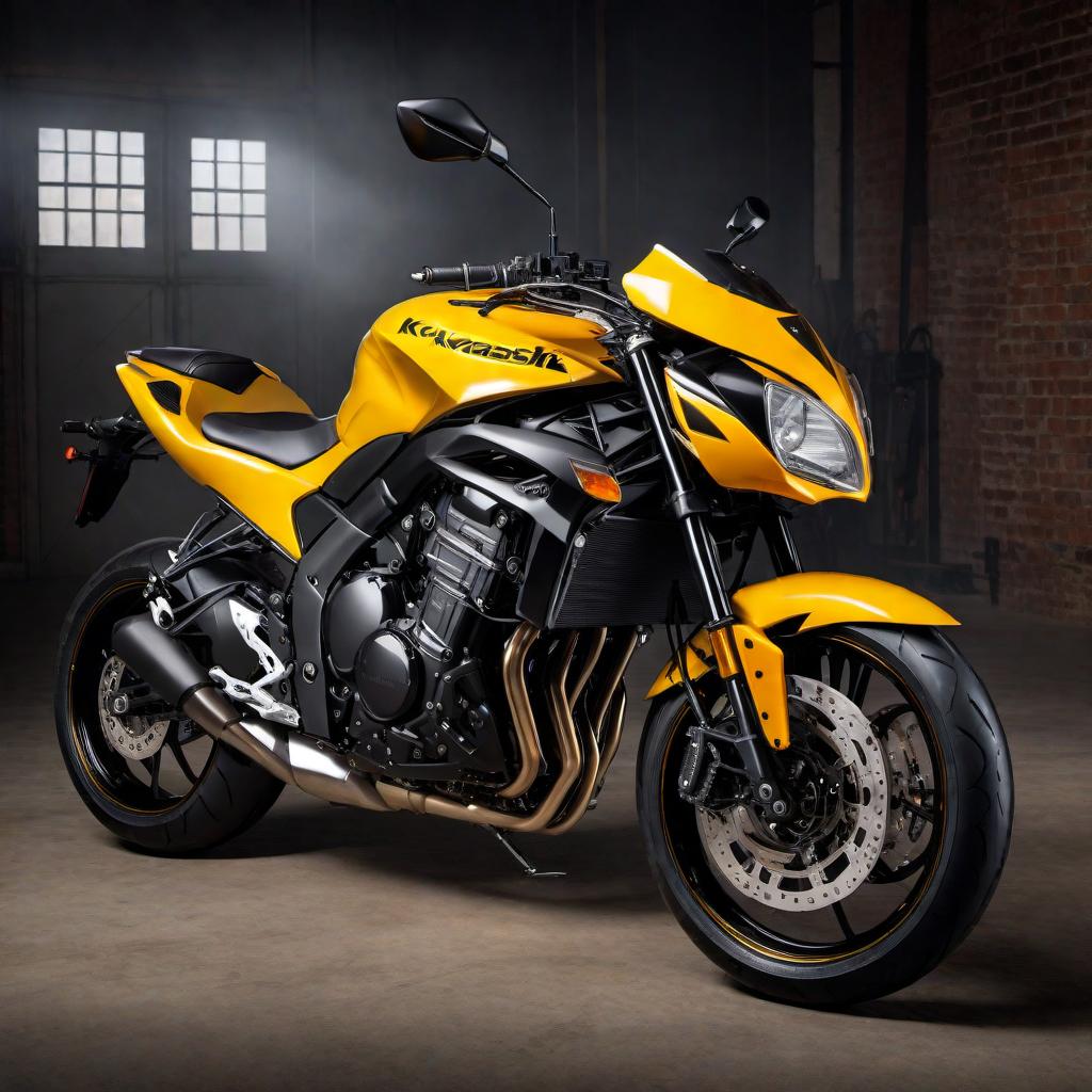  Create a unique design featuring black, yellow, and orange Kawasaki emblems. The design should be visually striking and incorporate elements that represent speed and dynamism. Emphasize the iconic features of Kawasaki motorcycles in a creative and engaging way. hyperrealistic, full body, detailed clothing, highly detailed, cinematic lighting, stunningly beautiful, intricate, sharp focus, f/1. 8, 85mm, (centered image composition), (professionally color graded), ((bright soft diffused light)), volumetric fog, trending on instagram, trending on tumblr, HDR 4K, 8K